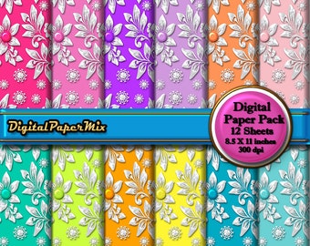 Digital Paper, Flowers Floral Digital Paper, Pastel Colors & White Digital Scrapbook Paper Pack, Digital Background 300 DPI Instant Download