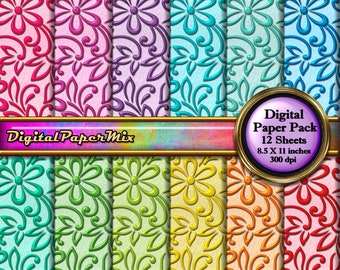 Digital Paper, Rainbow Flowers Floral Digital Paper, Pastel Colors Digital Scrapbook Paper Pack, Digital Background 300 DPI Instant Download