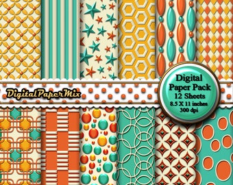 Aqua Orange Digital Paper, Embossed Digital Paper, Printable Paper Pack, Digital Background, Scrapbook art Paper, 300 DPI, Instant Download