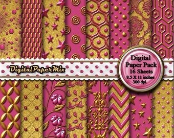 Gold Pink Digital Paper,  Digital Paper Backgrounds, Digital Printable Paper Pack, Gold Pink Scrapbook Paper, 300 DPI Instant Download