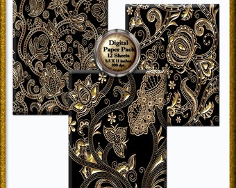 12 Black Gold Digital Paper, Floral Damask Digital Paper Background, Gold Flowers Printable Scrapbook Paper Pack, 300 DPI Instant Download