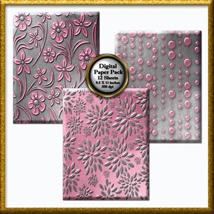 Op de afbeelding: Digitaal papierpakket met drie verschillende patronen. De patronen zijn roze en zilver met bloem-, stervormige en parelontwerpen. Het pakket bevat 12 vellen, elk 8,5 x 11 inch, bij 300 dpi.