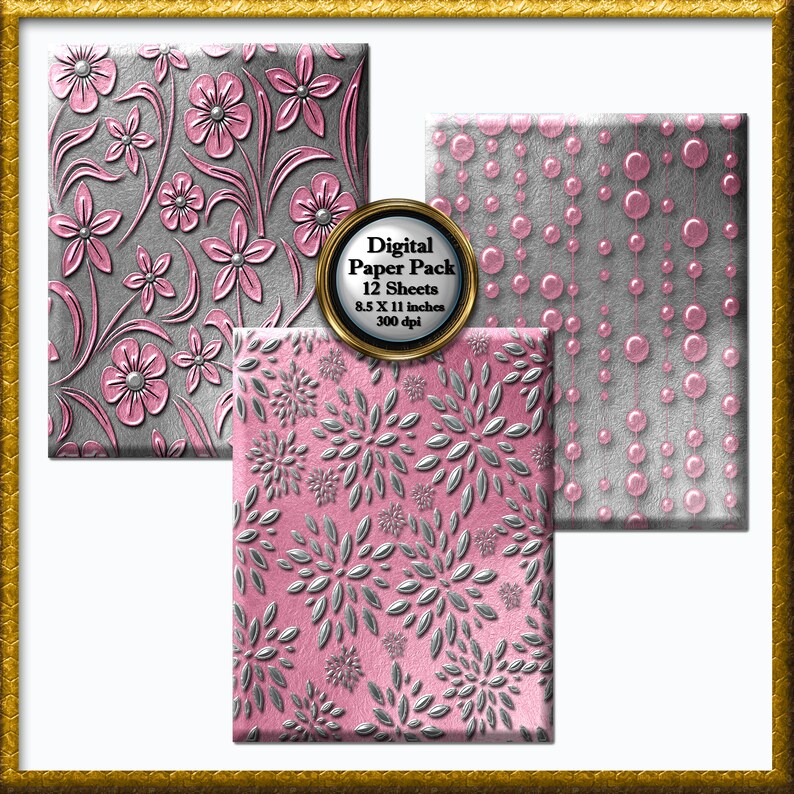 Op de afbeelding: Digitaal papierpakket met drie verschillende patronen. De patronen zijn roze en zilver met bloem-, stervormige en parelontwerpen. Het pakket bevat 12 vellen, elk 8,5 x 11 inch, bij 300 dpi.