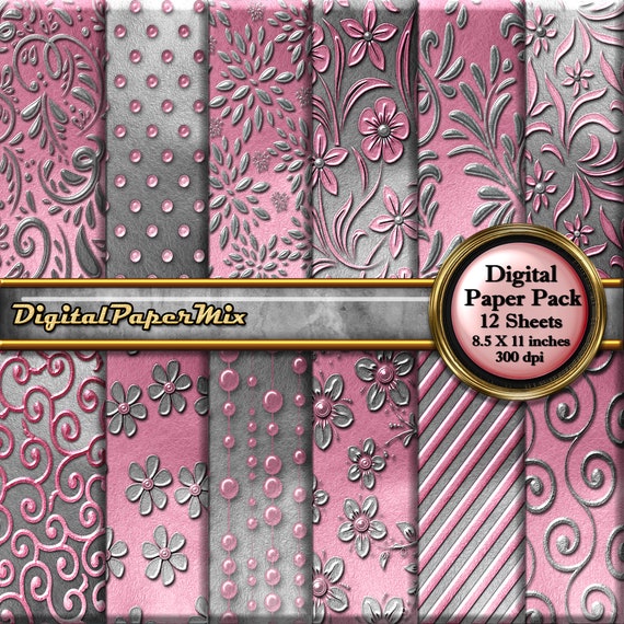 Pink Gray Digital Paper, Metallic Silver Scrapbook Paper Pack, Embossed Printable Digital Paper Background Paper 300 DPI Instant Download