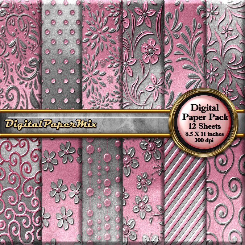 Op de afbeelding: Een digitaal papierpakket met 12 vellen roze en zilveren patroonpapier. De patronen omvatten swirls, stippen, bloemen en strepen. Het papier is 8,5 x 11 inch en 300 dpi.