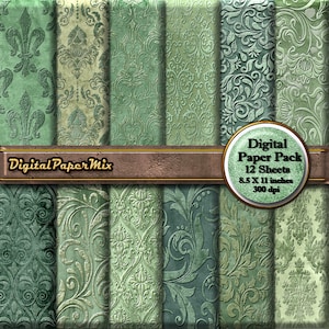Papel digital verde vintage, paquete de papel digital verde con fondo, papel de álbum de recortes imprimible con damasco verde grunge, descarga instantánea a 300 DPI