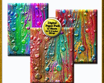 12 Digital Paper, Abstract Dripping Digital Paper Pack, Drips Printable Paper Pack, Abstract Scrapbook Paper Pack,  300 DPI Instant Download
