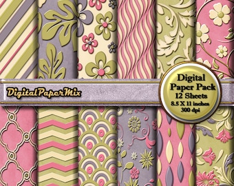 Digital Paper, Vintage Pink Green Scrapbook Paper Pack, Embossed Pink Scrapbook Paper Pack, Green Background Paper, 300 DPI Instant Download