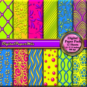 Bright Green Yellow Digital Paper, Swirl Digital Printable Paper, Bright Digital Scrapbook Paper Pack, 300 DPI Instant Download