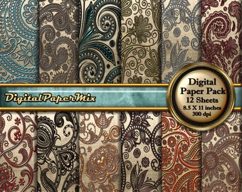 12 Metallic Paisley Digital Paper Gold Scrapbook paper Pack Embossed Damask Scrapbook Paper, Metal Background Paper 300 DPI Instant Download