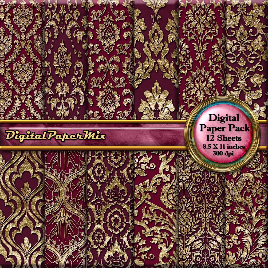 12 Digital Paper, Burgundy Gold Scrapbook Paper Pack, Embossed Damask