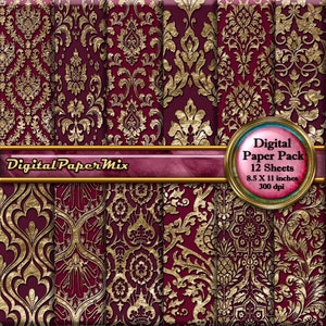 12 Carta digitale, Confezione di carta per scrapbooking Borgogna Oro, Confezione di carta per scrapbooking Damasco in rilievo, Carta con sfondo oro, Download immediato a 300 DPI