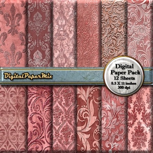 Vintage Pink Digital Paper, Pink Digital Paper Pack Background, Grunge Pink Damask Printable Scrapbook Paper Pack, 300 DPI Instant Download