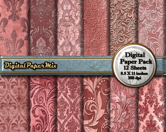 Vintage Pink Digital Paper, Pink Digital Paper Pack Background, Grunge Pink Damask Printable Scrapbook Paper Pack, 300 DPI Instant Download