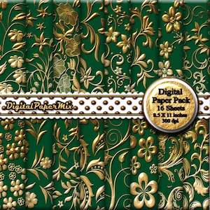 Gold Hunter Green Digital Paper, Gold Digital Paper Backgrounds, Gold Floral Damask Printable Scrapbook Paper Pack, 300 DPI Instant Download