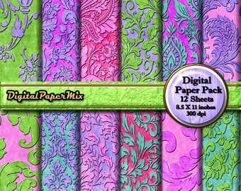 Vintage Digital Paper, Bright Distressed Digital Paper Pack, Grunge Green Pink Damask Printable Scrapbook Paper, 300 DPI Instant Download