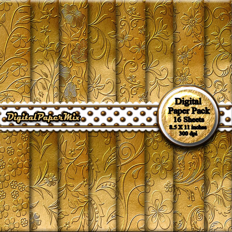 Gold Embossed Digital Paper, Gold Digital Paper Backgrounds, Printable