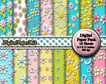 Bright Floral Digital Paper, Embossed Digital Paper, Printable Flowers Scrapbook paper, Pink Blue Scrapbook Paper, 300 DPI Instant Download