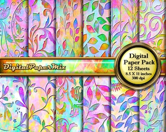 Digitaal abstract aquarelpapier, helder aquarel bloemen digitaal papier, plakboekpakket, abstract papier, 300 DPI direct downloaden