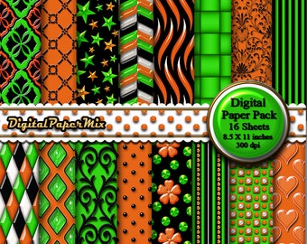 Papel digital naranja y verde, fondos de papel digital naranja, paquete de papel damasco imprimible para álbumes de recortes, papel verde, descarga instantánea de 300 dpi