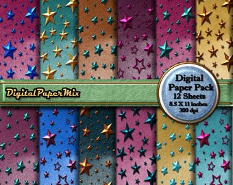 Papel digital, oro, stars metálicos Gold Scrapbook Paper Pack, estrellas en relieve papel digital, papel de fondo metálico 300 DPI Descarga instantánea