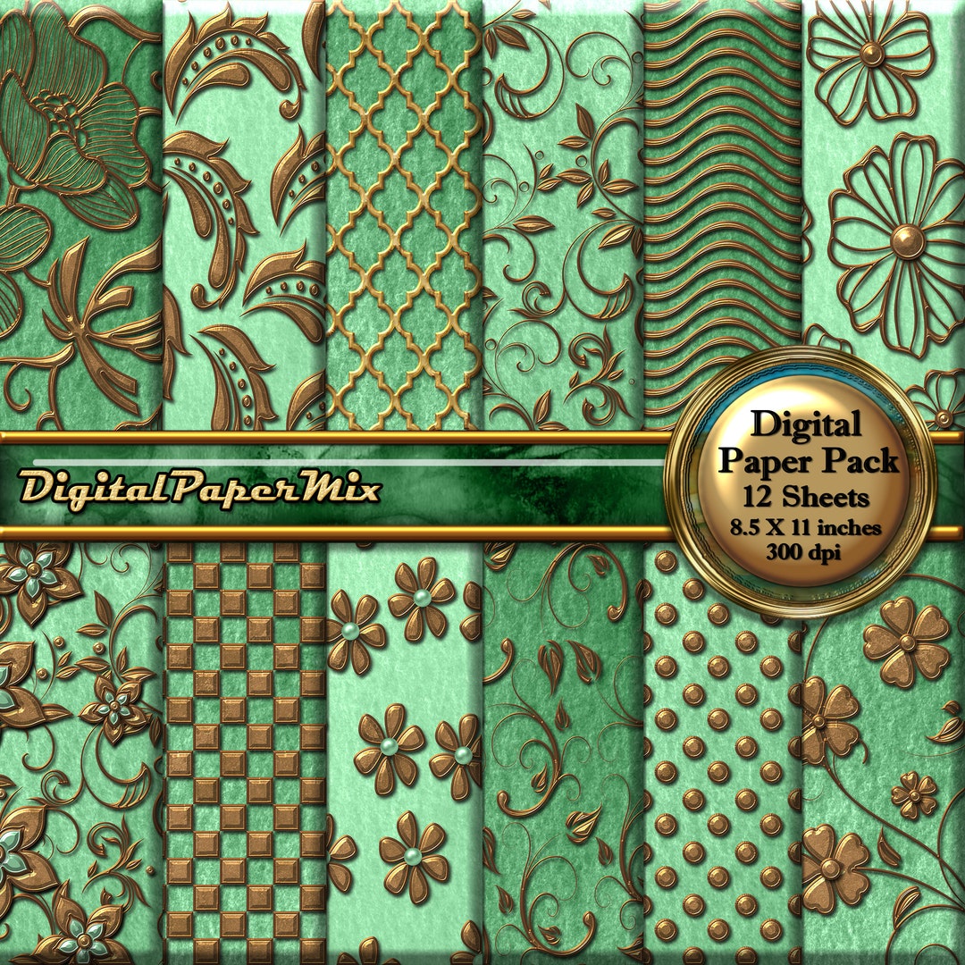 Digital Paper, Vintage Mint Green Gold Scrapbook Paper Pack, Embossed