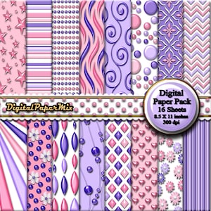 Pink Purple Digital Paper, Pink Digital Paper Backgrounds, Purple Printable Scrapbook Paper Pack, Damask Patterns, 300 DPI Instant Download