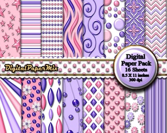 Pink Purple Digital Paper, Pink Digital Paper Backgrounds, Purple Printable Scrapbook Paper Pack, Damask Patterns, 300 DPI Instant Download
