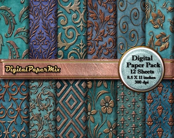 Koperblauw digitaal papier, antieke koperen digitale papierachtergrond, vintage patronen afdrukbaar plakboekpapier, 300 DPI direct downloaden