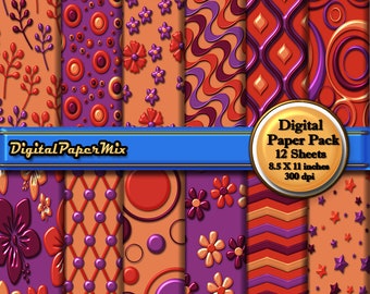 Digital Paper, Orange Purple Digital Paper Floral Swirl Stars Digital Scrapbook Paper Pack Digital Background Paper 300 DPI Instant Download