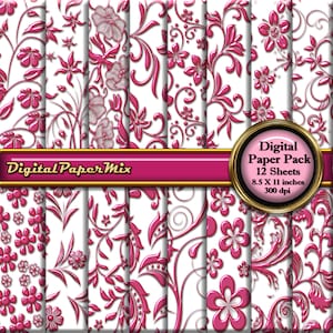 White Pink Digital Paper, Floral Digital Paper Background, White Printable Scrapbook Paper Pack, Damask Patterns, 300 DPI Instant Download