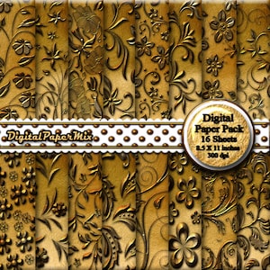 Gouden bronzen digitaal papier, digitale papieren reliëf achtergronden, afdrukbaar papier pack, gouden bronzen plakboek papier, 300 DPI Instant Download