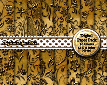 Gold Bronze Digital Paper,  Embossed Digital Paper Backgrounds, Printable Paper Pack, Gold Bronze Scrapbook Paper, 300 DPI Instant Download