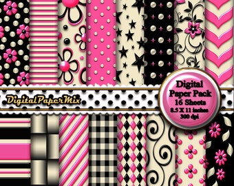 Pink Off White Digital Paper, Pink Digital Paper Backgrounds, Pink Printable Scrapbook Paper Pack, Damask Patterns, 300 DPI Instant Download