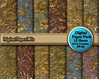 Antique Gold Digital Paper, Vintage Digital Paper Background, Vintage Antique Gold Patterns Scrapbook Paper, 300 DPI Instant Download