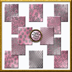 Op de afbeelding: Een digitaal papierpakket met 12 vellen roze en zilveren patroonpapier. De patronen omvatten bloemen, swirls, stippen en strepen. Het papier is 8,5 x 11 inch en 300 dpi.
