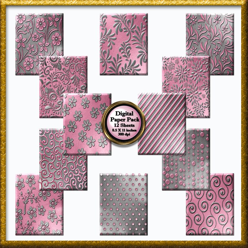Op de afbeelding: Een digitaal papierpakket met 12 vellen roze en zilveren patroonpapier. De patronen omvatten bloemen, swirls, stippen en strepen. Het papier is 8,5 x 11 inch en 300 dpi.
