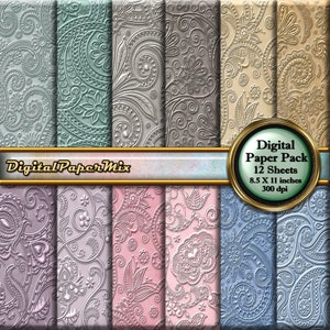 Vintage Digital Paper, Damask Floral Digital Paper Pack Background, Pastel Embossed  Printable Scrapbook Paper, 300 DPI Instant Download