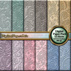 Vintage Digital Paper, Damask Floral Digital Paper Pack Background, Pastel Embossed  Printable Scrapbook Paper, 300 DPI Instant Download