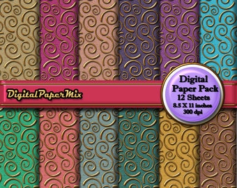 Swirl Gold Digital Paper, Gold Scrapbook paper Pack, Embossed Swirl Gold Scrapbook Paper, Texture Background Paper, 300 DPI Instant Download