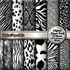 Black & White Animal Print Digital Paper, Animal Print Printable Paper, Animal Print Digital Scrapbook Paper Pack, 300 DPI Instant Download