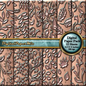 Copper Patina Digital Paper, Metallic Copper Scrapbook Paper Pack, Embossed Printable Scrapbook Background Paper 300 DPI Instant Download