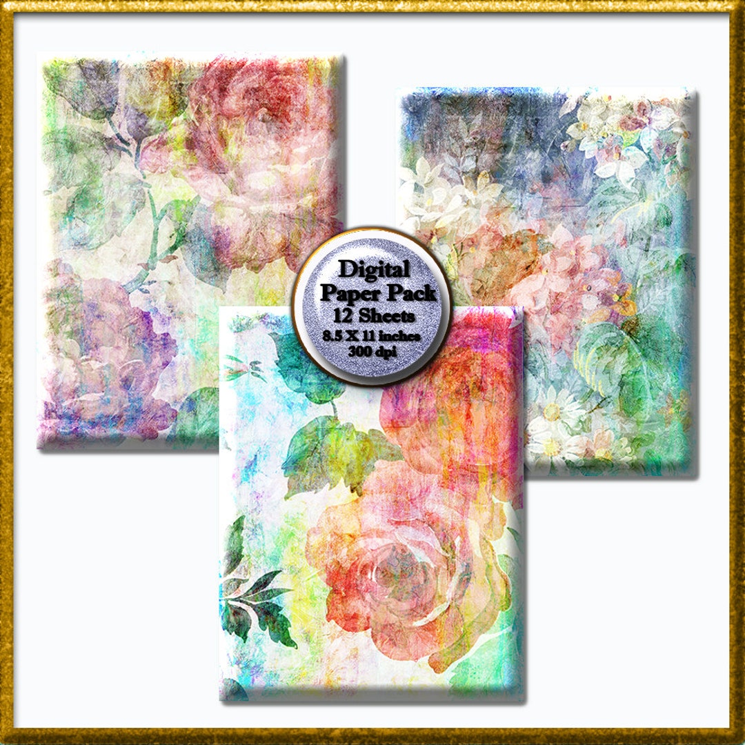 12 Digital Paper, Grunge Floral Roses Digital Paper Pack, Junk Journal ...