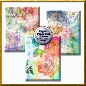12 Digital Paper, Grunge Floral Roses Digital Paper Pack, Junk Journal, Abstract Watercolor Scrapbook Paper Pack 300 DPI Instant Download