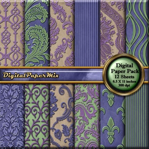 Vintage Digital Paper, Purple Green Digital Paper Pack Background Distressed Damask Printable Scrapbook Paper Pack, 300 DPI Instant Download