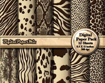 Papier cyfrowy, Brązowy papier cyfrowy z nadrukiem zwierzęcym, Pakiet papieru cyfrowego do scrapbookingu z nadrukiem zwierzęcym Safari, Papier tła 300 DPI Natychmiastowe pobranie