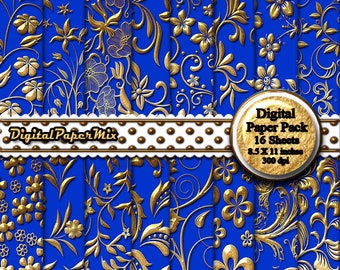 Royal Blue Gold Digital Paper, Gold Digital Paper Patterns, Blue Gold Floral Damask Printable Scrapbook Paper Pack, 300 DPI Instant Download
