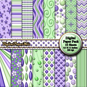 Mint Green Purple Digital Paper, Damask Digital Paper Backgrounds, Printable Scrapbook Paper Pack, Purple Art Paper 300 DPI Instant Download