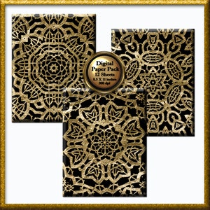 12 Gold Lace Digital Paper, Gold Lace Digital Paper Background, Gold Needlework Printable Scrapbook Paper Pack, 300 DPI Instant Download