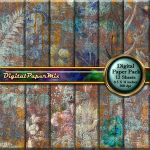 May include: Digital paper pack featuring 12 sheets with a distressed, textured appearance. The designs include floral and botanical patterns in shades of blue, brown, and gold. Each sheet measures 8.5 x 11 inches. The text "Digital Paper Mix" is also visible.